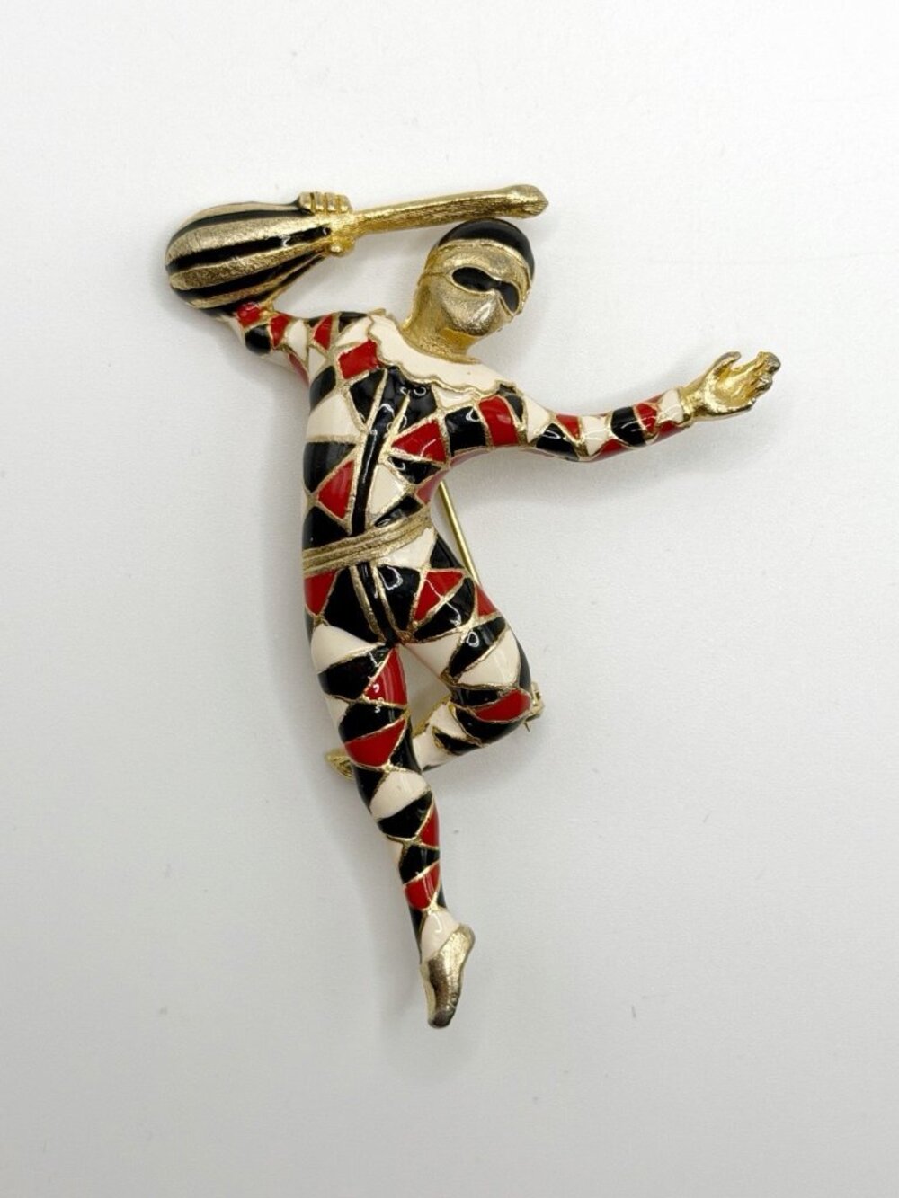 Vintage 1970's ME Inc Signed Harlequin Jester Gold-Tone Enamel Brooch